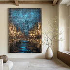 “Blue - Brown Abstract Cityscape” - Oil Painting On Canvas PT2074