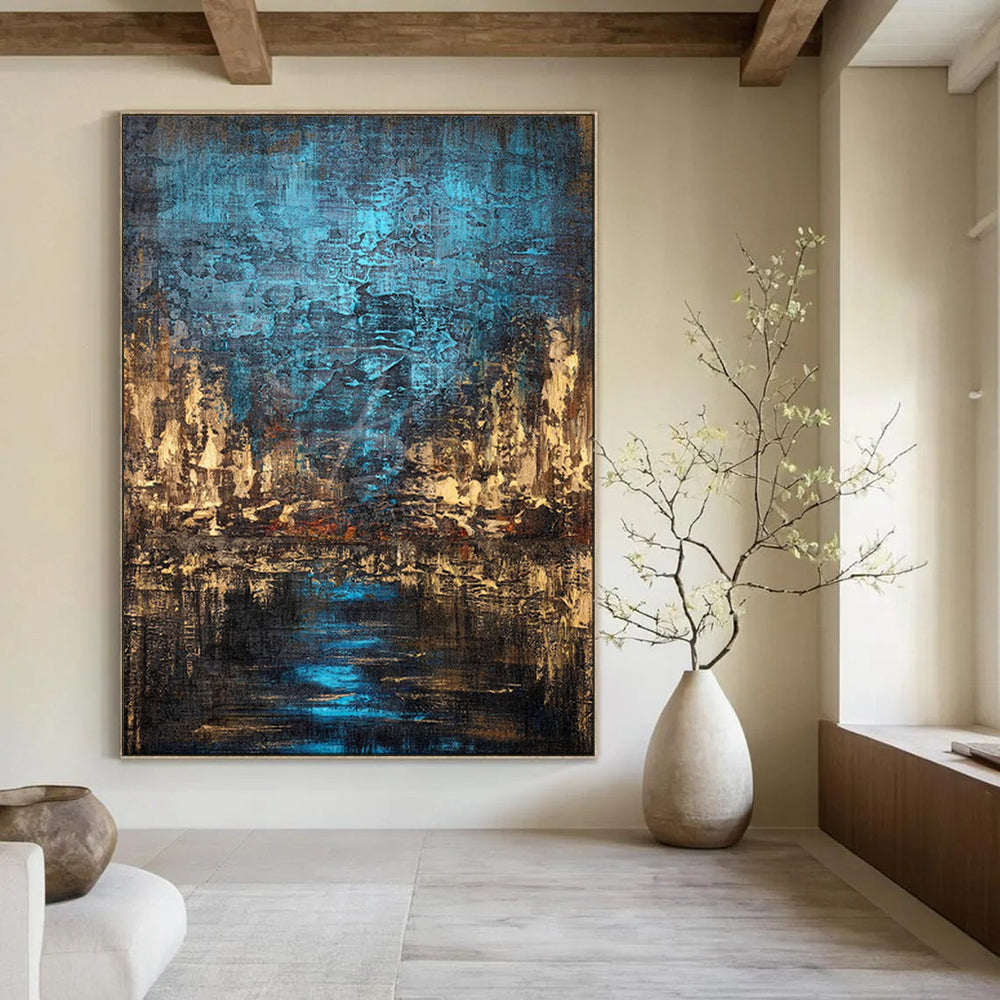 “Blue - Brown Abstract Cityscape” - Oil Painting On Canvas PT2074