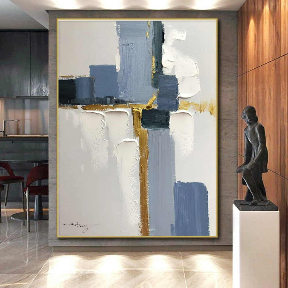 Blue, Gray, Gold Geometric Harmony “Elegant Intersection” - Painting On Canvas PS0805