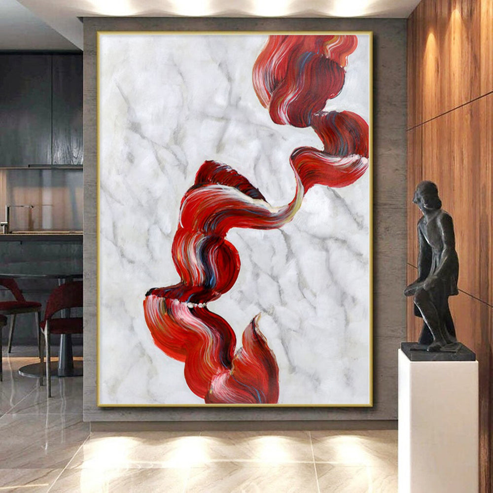 “Red - Blue - White Abstract Flowing Ribbons” - Graceful Abstract Painting On Canvas PS0307