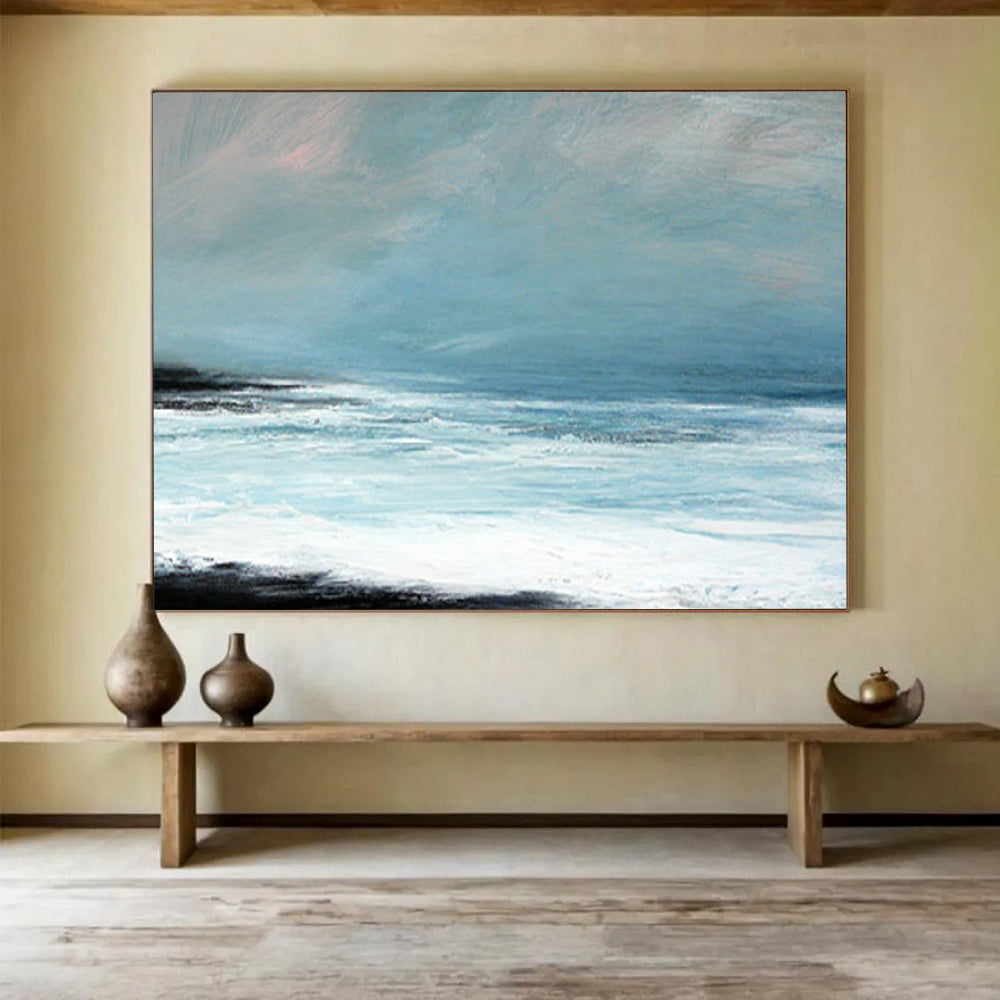 “Minimalist Coastal Landscape in Blues and Blacks” - Serene Seaside Oil Painting On Canvas PT032
