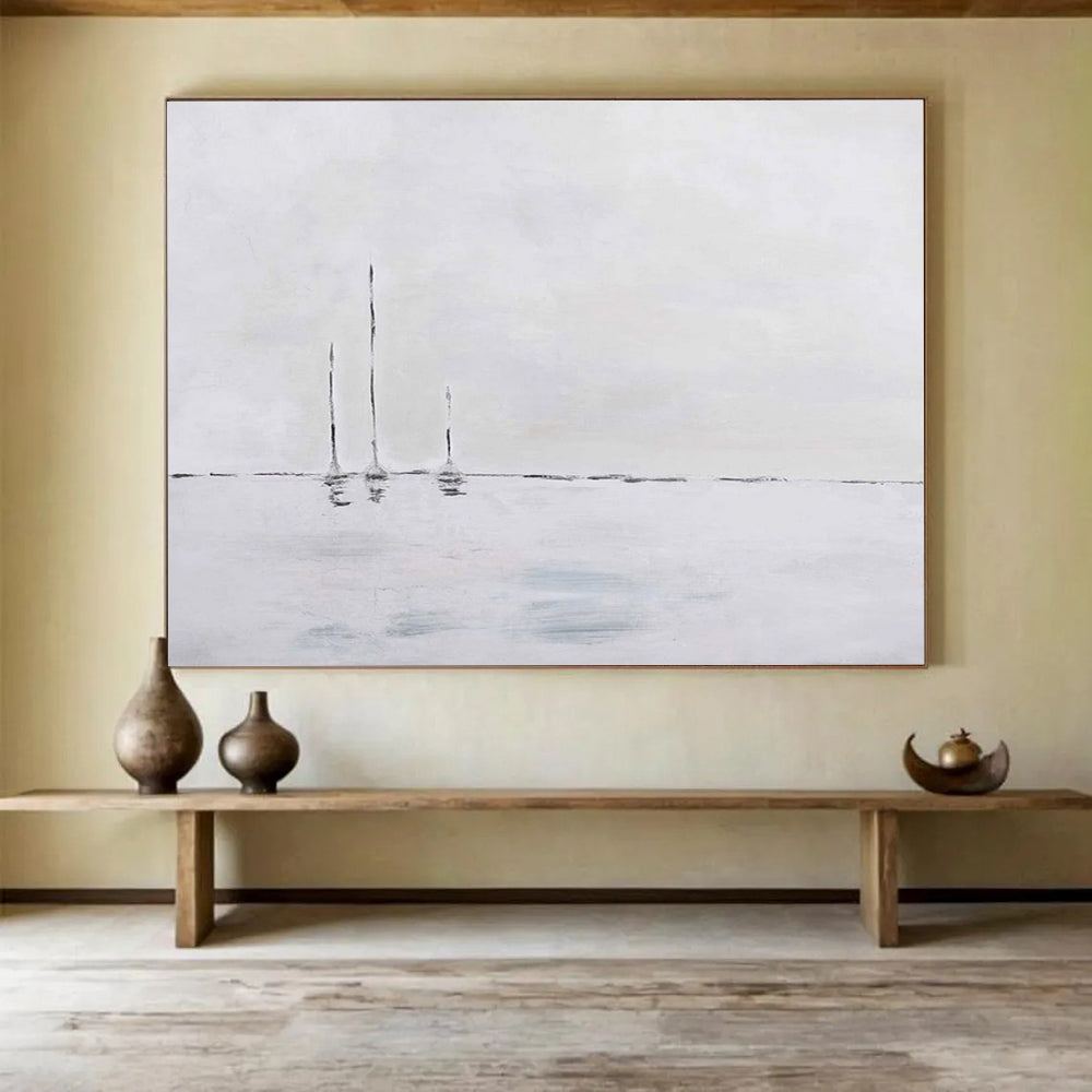 “White - Gray Minimalist Sailboats” - Abstract Landscape Painting On Canvas PT261