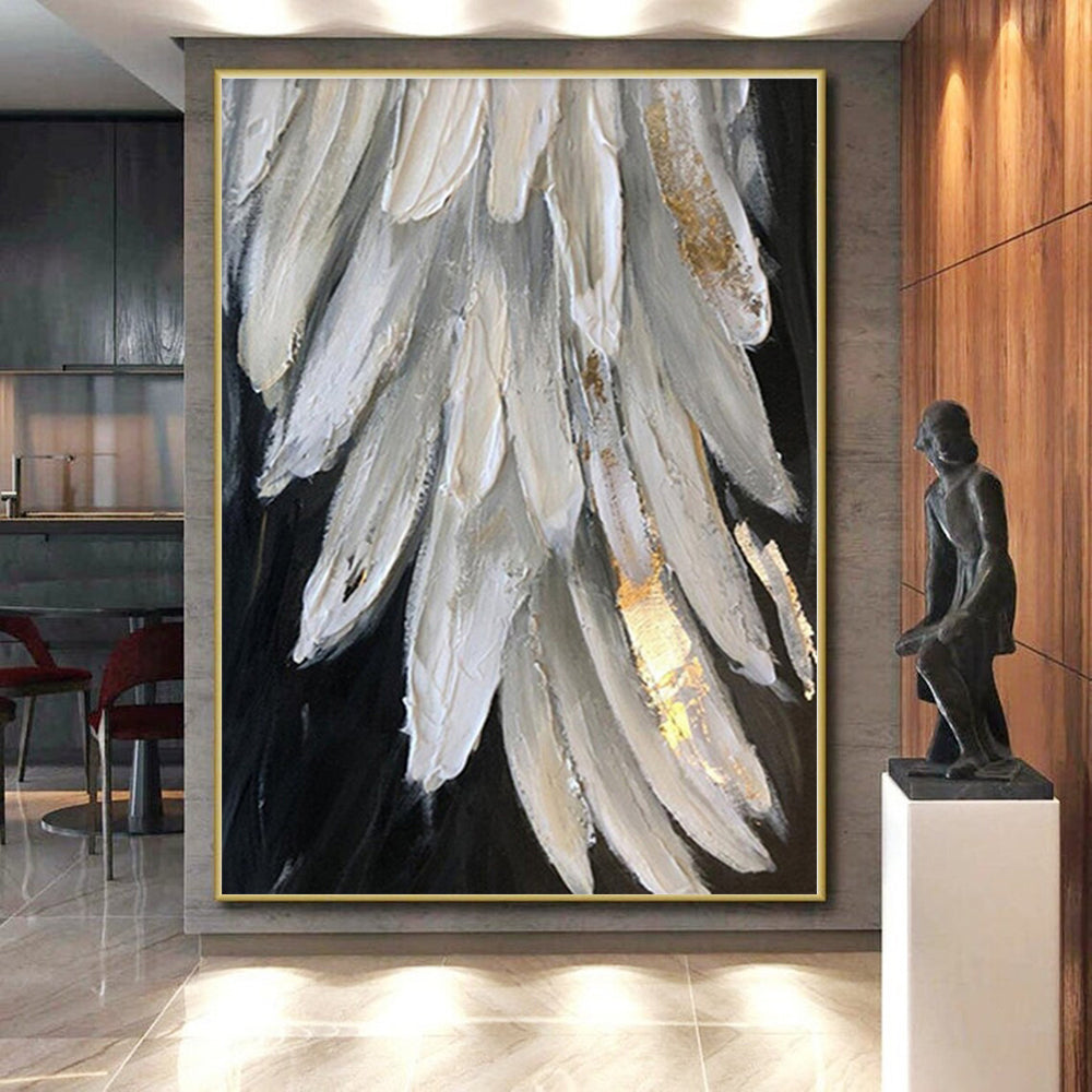 “White & Gold Feather Textures” - Textured Abstract Painting On Canvas PS0431
