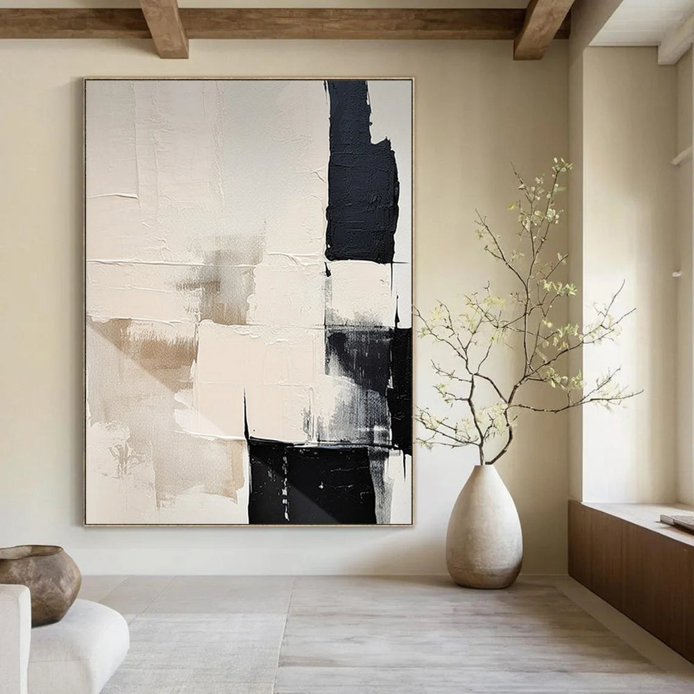 Black - White - Beige Geometric Textures Minimalist Abstract Painting On Canvas DS056