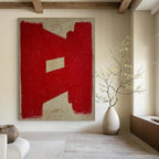 “Red Geometric Shape on Beige” - Bold Color Block Abstract Painting On Canvas PT1076
