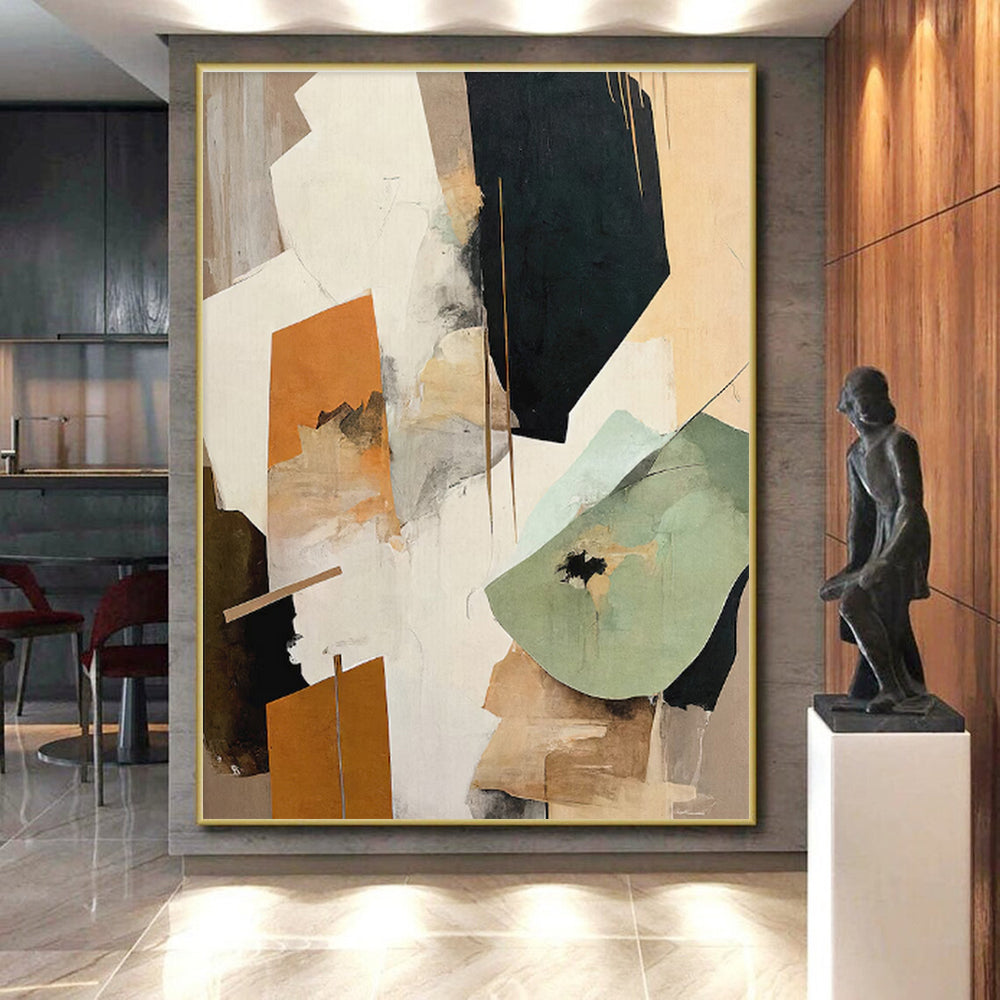“Orange & Green Abstract Collage” - Orange, Green, Gray, White Abstract Mixed - Media Painting On Canvas PS0756