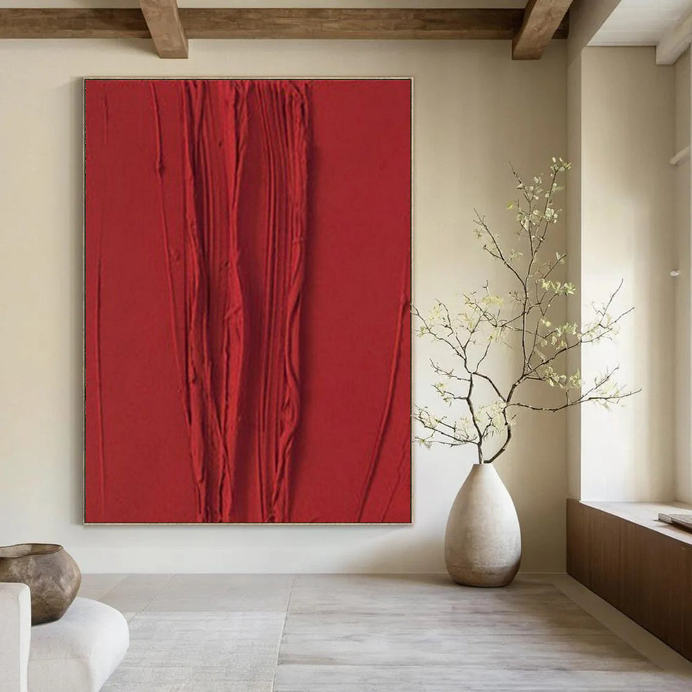 Textured Red Vertical Ridges "Crimson Currents" Relief Sculpture On Canvas PS1071