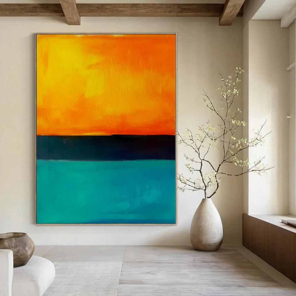 Orange, Teal, Black with Horizontal Bands "Sunset Surf" Abstract Painting On Canvas PS1187