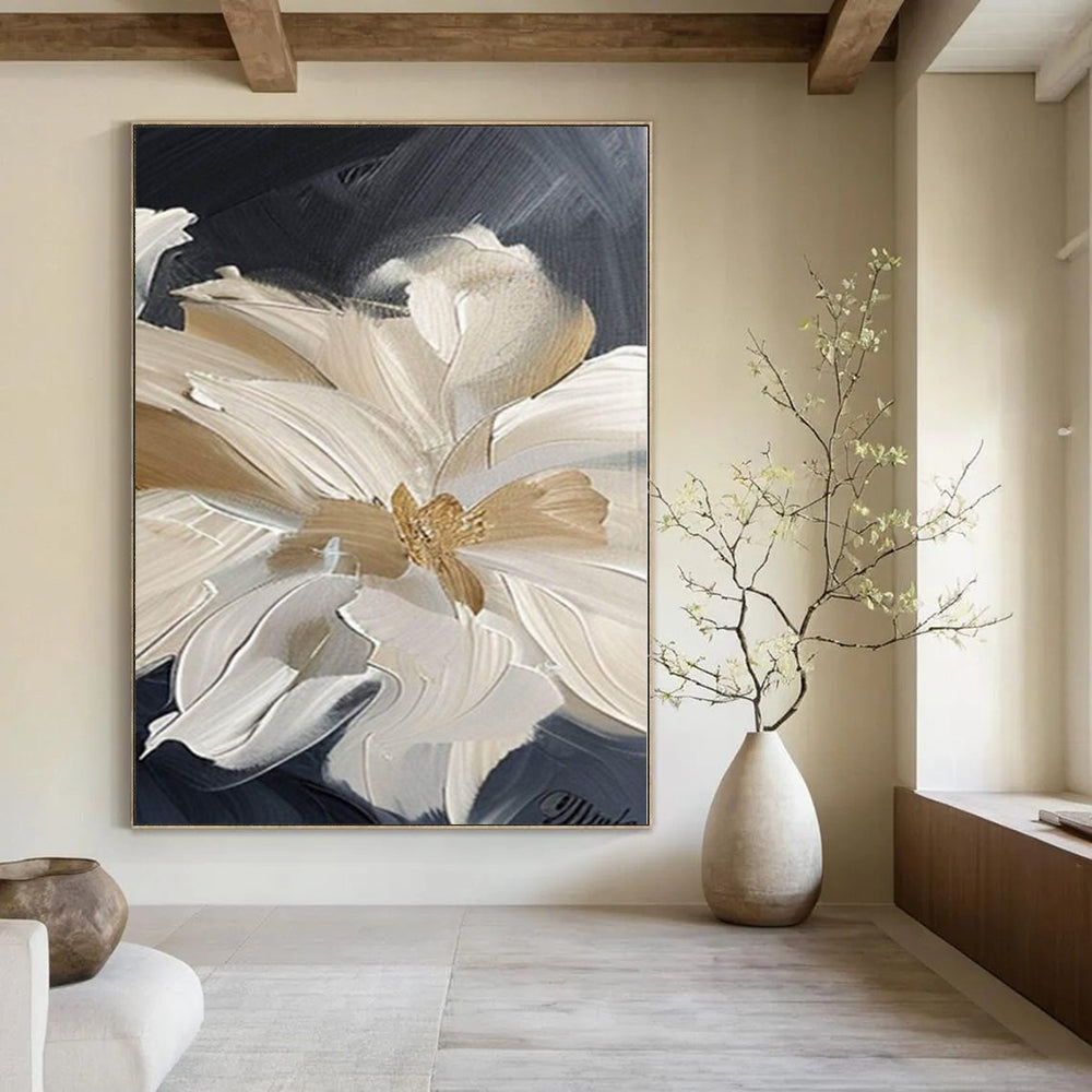 Cream and Black Floral "Luxe Petals" Impasto Flower Painting On Canvas PS1092