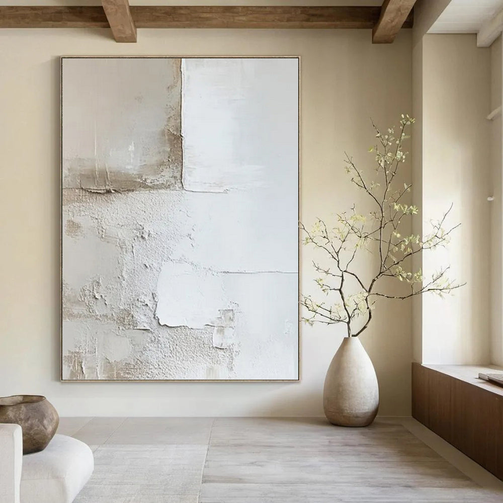 “White and Beige Textured Wall - like Abstract” - Wabi - Sab Style Painting On Canvas PT0977