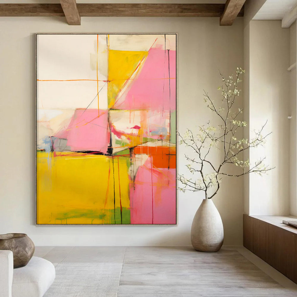 “Yellow, Pink, and Orange Abstract Shapes” - Abstract Expressionist Painting On Canvas PT1835