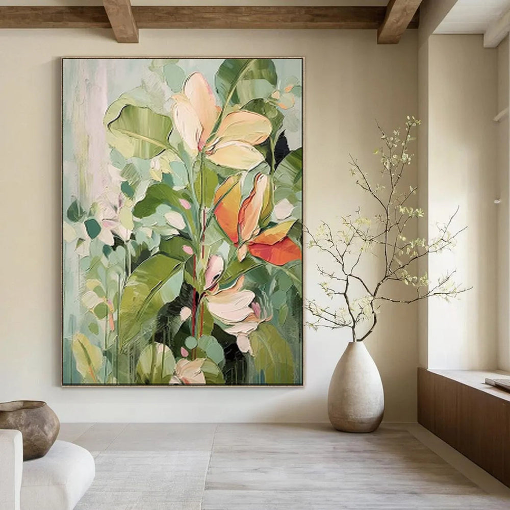 “Soft Green and Pink Floral Abstraction” - Botanical Impressionist Painting On Canvas PT1873