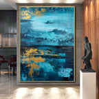 “Teal - Gold Abstract Landscape” - Teal, Gold, Blue Abstract Painting On Canvas PS0446