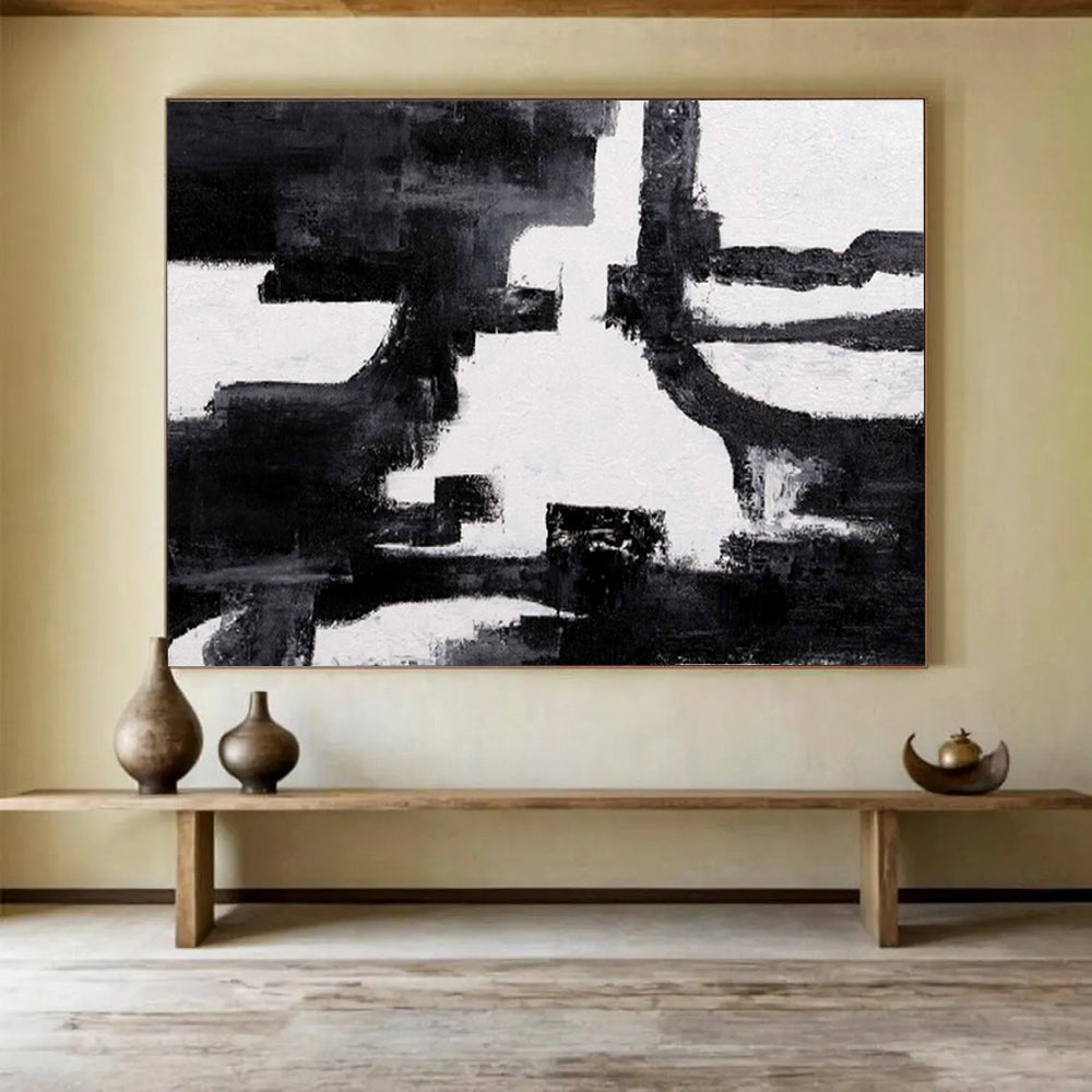 Black & White Abstract Composition Painting On Canvas DKS018