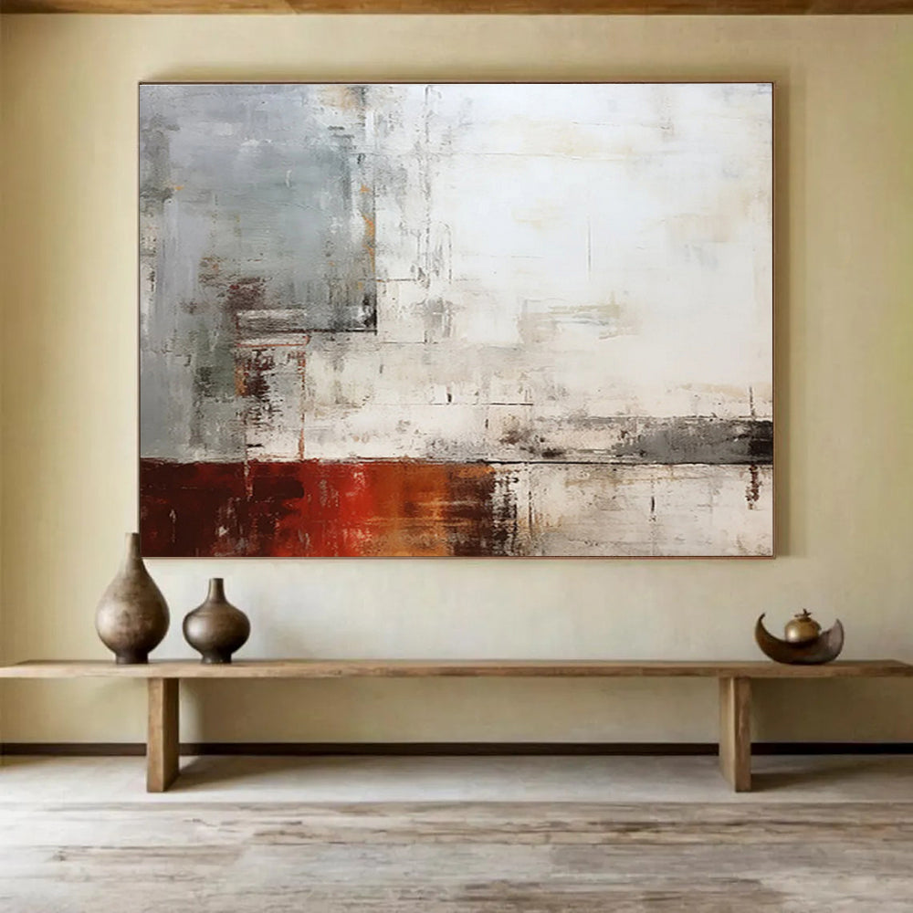 Grey, White & Red Abstract Composition Painting On Canvas DKS043