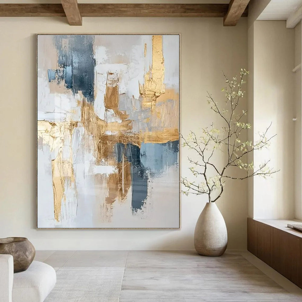 Gray, Gold, Blue with Abstract Layers "Gilded Mornings" Abstract Painting On Canvas PS1269