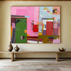 “Vibrant Geometric Abstraction in Pink, Green & Colorful Shapes” - Cubist - Style Modern Painting On Canvas PT013