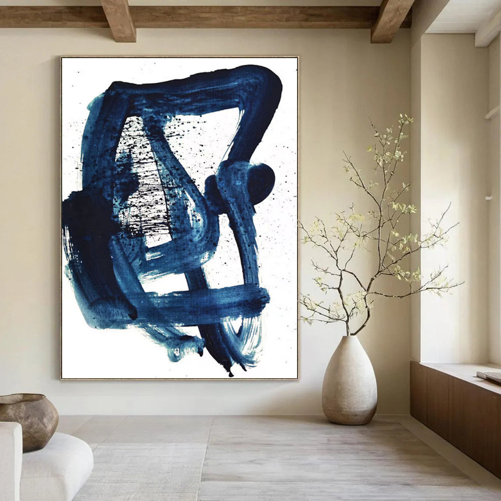 “Indigo Ink Abstraction” - Deep Blue Brushstrokes & Splatters Painting On Canvas DS161