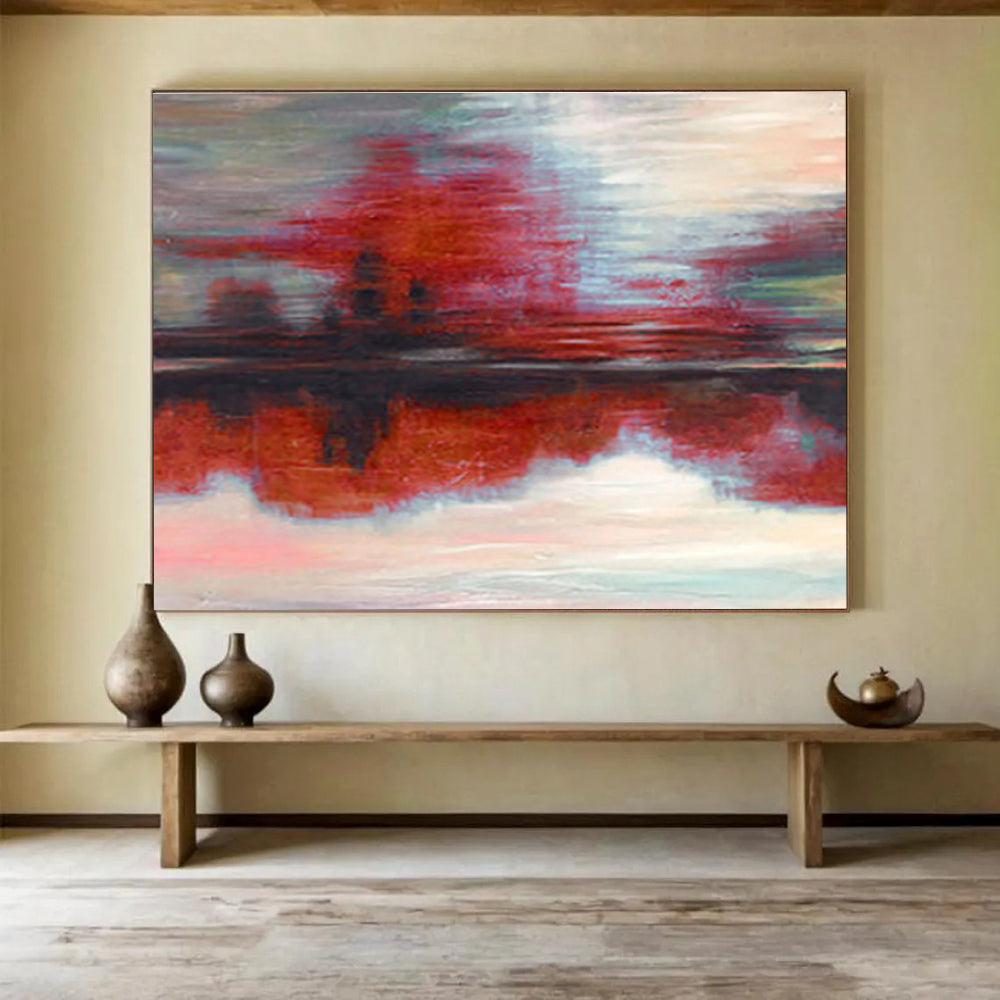 “Red - hued Reflective Abstract” - Mood - evoking Landscape Painting On Canvas DKS384