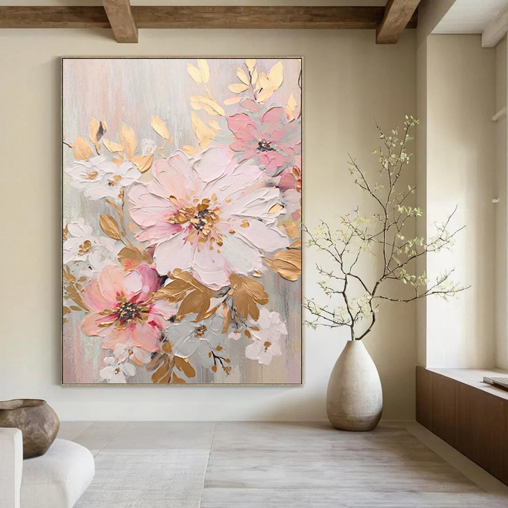 “Pink - White - Gold Floral Impasto” - Impressionist - Inspired Floral Painting On Canvas PT1390