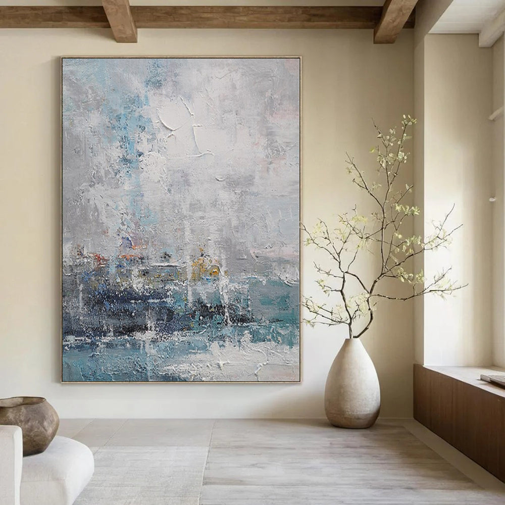 Blue, Gray and White with Textured Impressions "Coastal Haze" Abstract Landscape Painting On Canvas PS1108