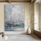 Blue, Gray and White with Textured Impressions "Coastal Haze" Abstract Landscape Painting On Canvas PS1108