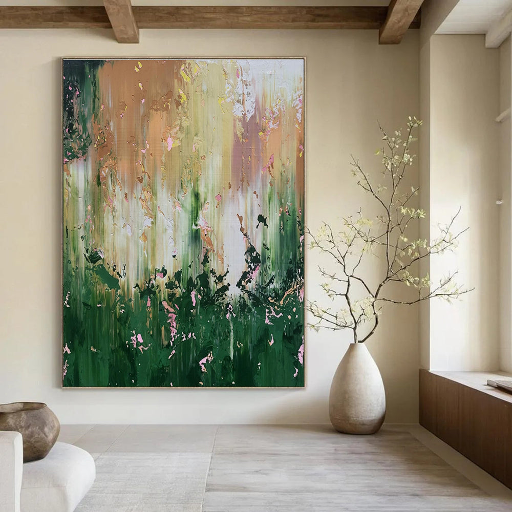 Green, Yellow, Pink, White with Flowing Textures "Enchanted Meadow" Abstract Painting On Canvas PS1403