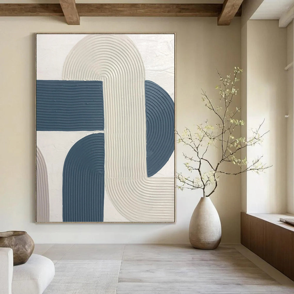 “White - Blue Curved Textures” - Minimalist Abstract Painting On Canvas PT1163