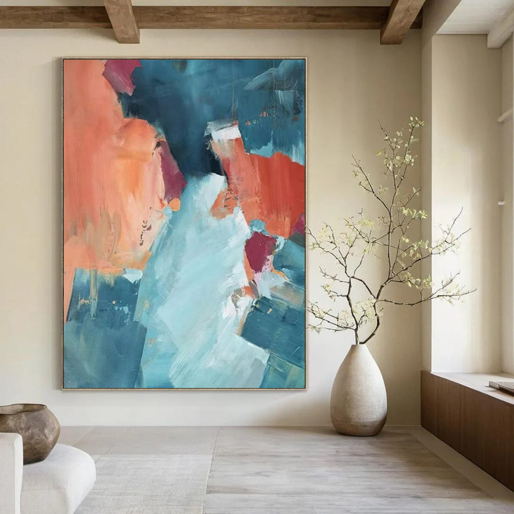 “Blue, Orange, and Pink Abstract” - Fauvist Abstract Painting On Canvas PT2269