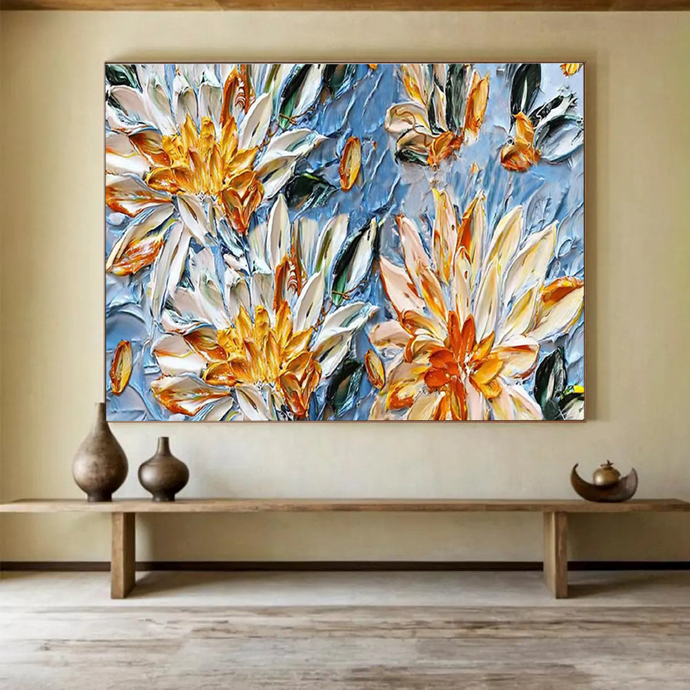 “Yellow and White Flowers on Blue” - Impasto Oil Painting On Canvas DKS896