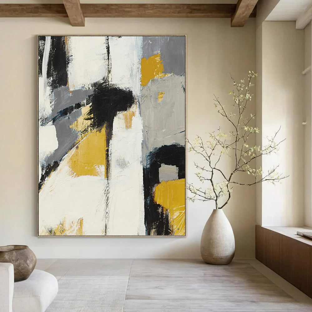 “Yellow, Gray, and Black Abstract” - Abstract, Bold - Colored Painting On Canvas PT1525