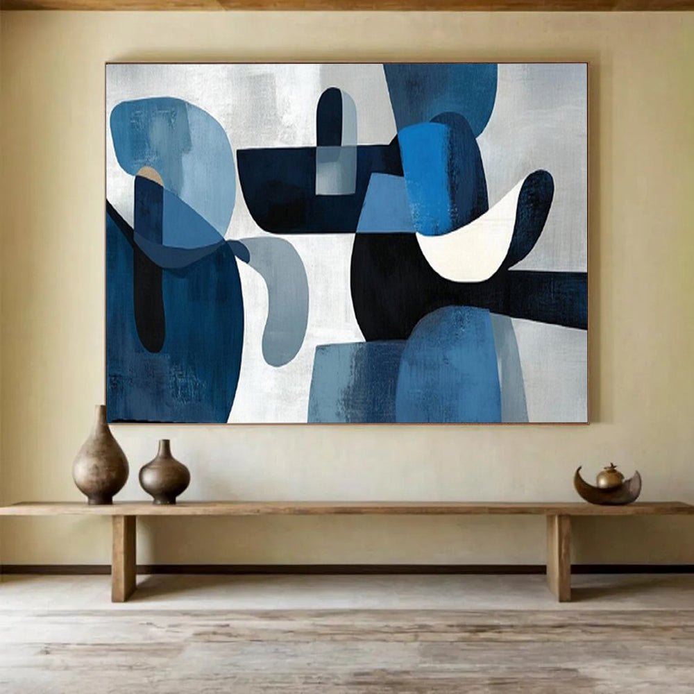 “Blue Shapes & Monochrome Background” - Abstract Cubist - Painting On Canvas PT1713
