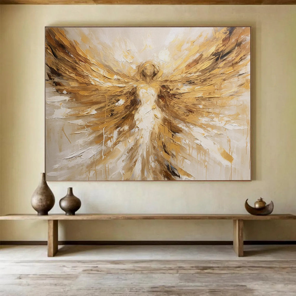 “Golden Angel with Outstretched Wings” - Impasto Figurative Painting On Canvas PT082
