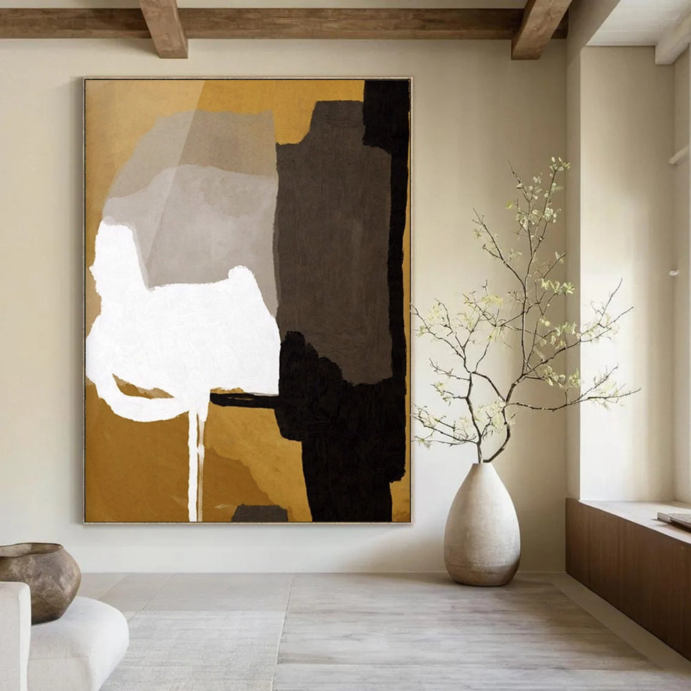 “Neutral Tones Geometric Abstract” - Gold, Gray & Black Shapes Painting On Canvas DS236