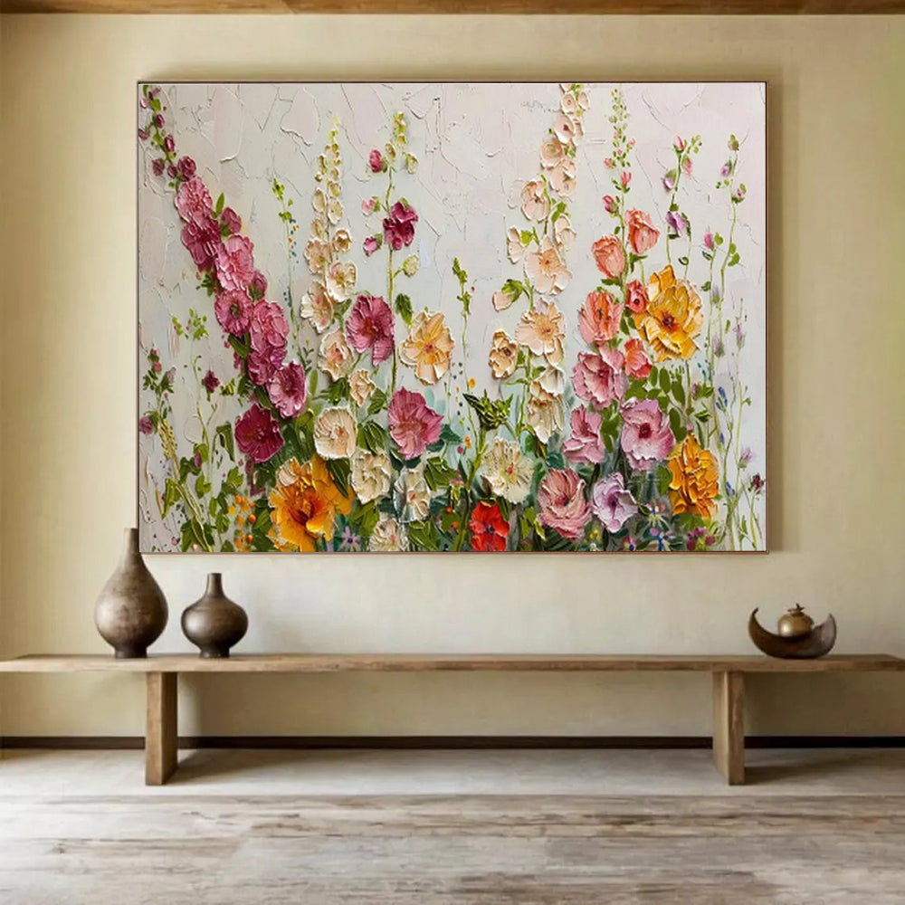 “Pastel Wildflower Meadow” - Soft Pink, Yellow & Green Floral, Impasto Flower Field Painting On Canvas DKS683