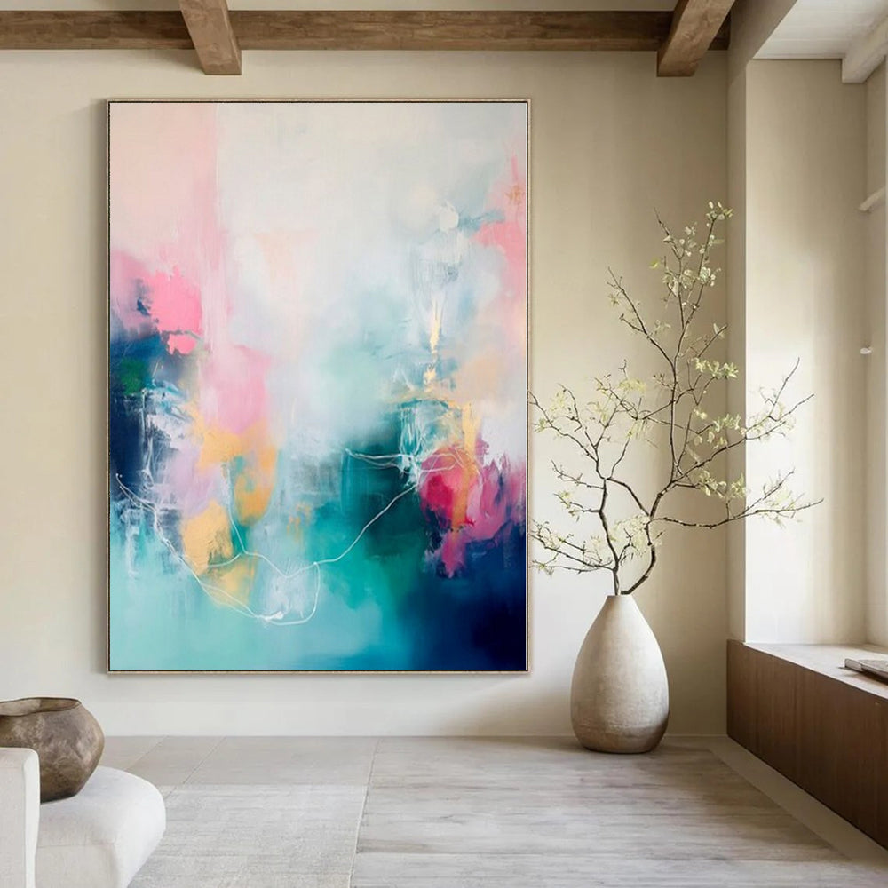 Colorful, Abstract Shapes with White Line Accents "Pastel Harmony" Abstract Painting On Canvas PS1173