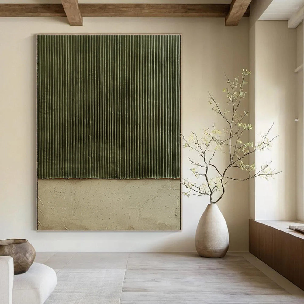 “Dual - Toned Green Stripes” - Minimalist Abstract Painting On Canvas PS0217