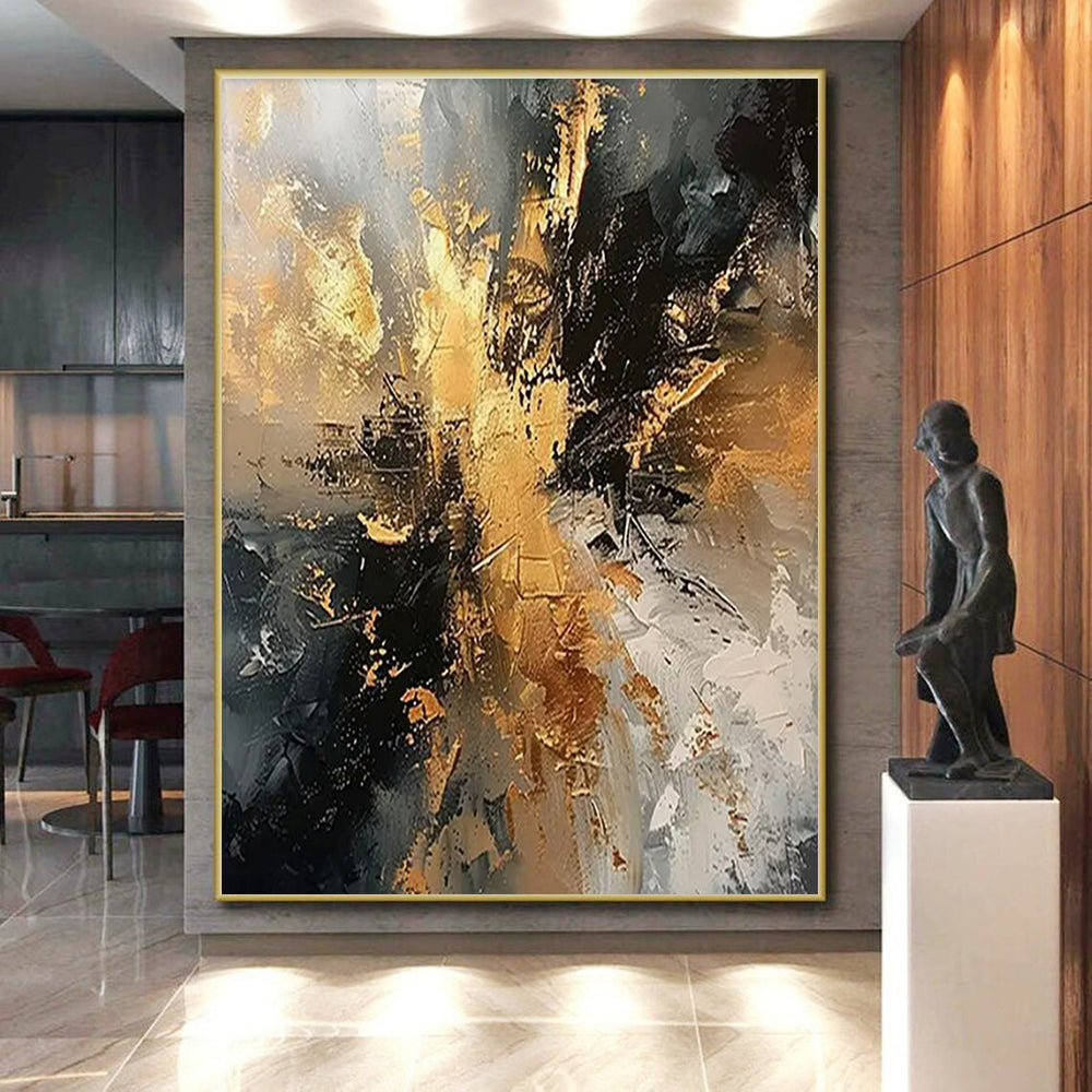 Black, Gray & Gold Dynamic Abstract "Ember Glow" Painting On Canvas PS0861