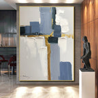 “Blue - Gold Geometric Harmony” - Blue, Gold, White Abstract Painting On Canvas PS0506