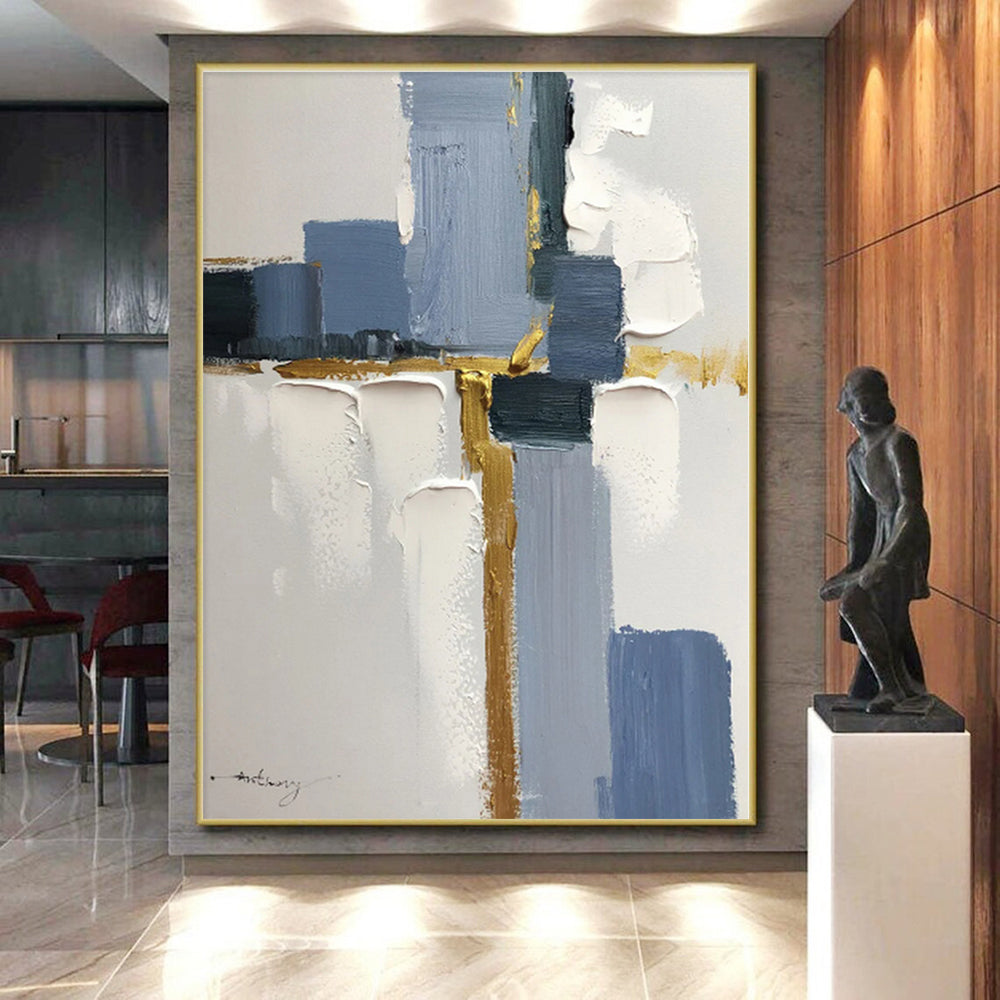 “Blue - Gold Geometric Harmony” - Blue, Gold, White Abstract Painting On Canvas PS0506