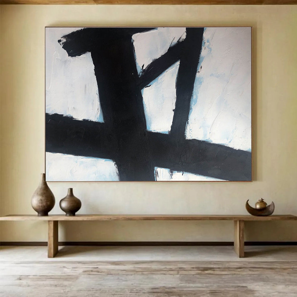 “Black Cross on Blue - White” Abstract Painting On Canvas DKS181