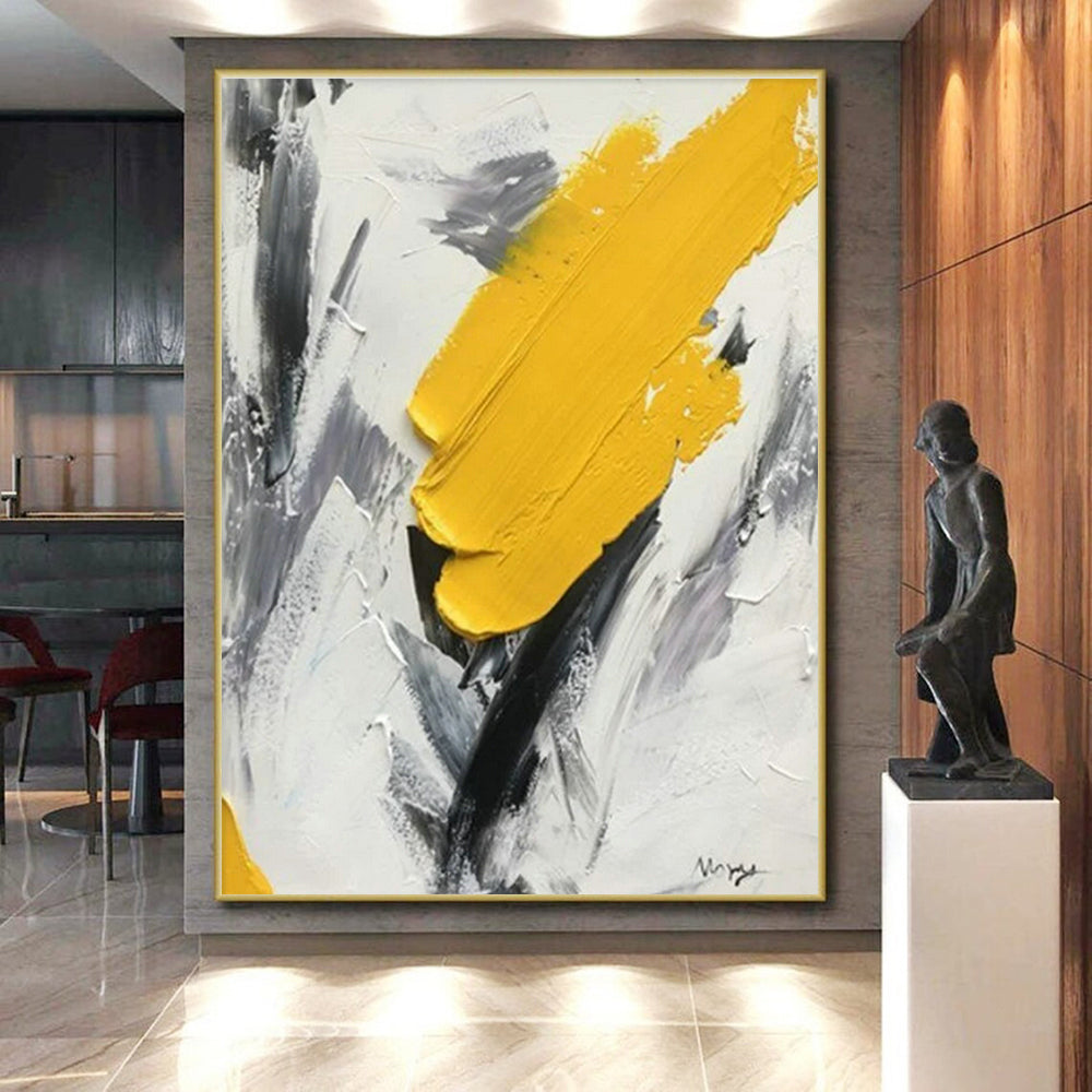 “Bold Yellow Stroke” - Yellow, Gray, White Abstract Impasto Painting On Canvas PS0616