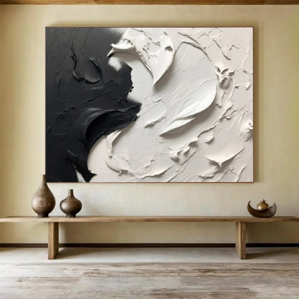“Black - White Textured Contrast” - Abstract Impasto - Painting On Canvas PT1729
