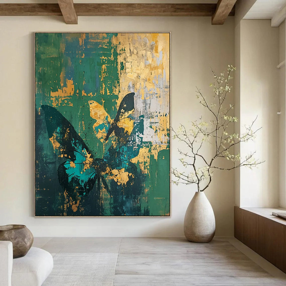 “Teal, Green, and Gold Butterfly Grunge” - Abstract Insect Painting On Canvas PT1883