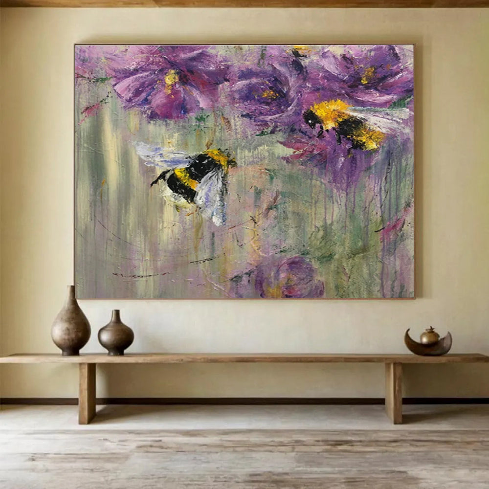 “Buzzing Bee & Flower Delight” - Purple Floral, Impressionistic Insect Painting On Canvas DKS718