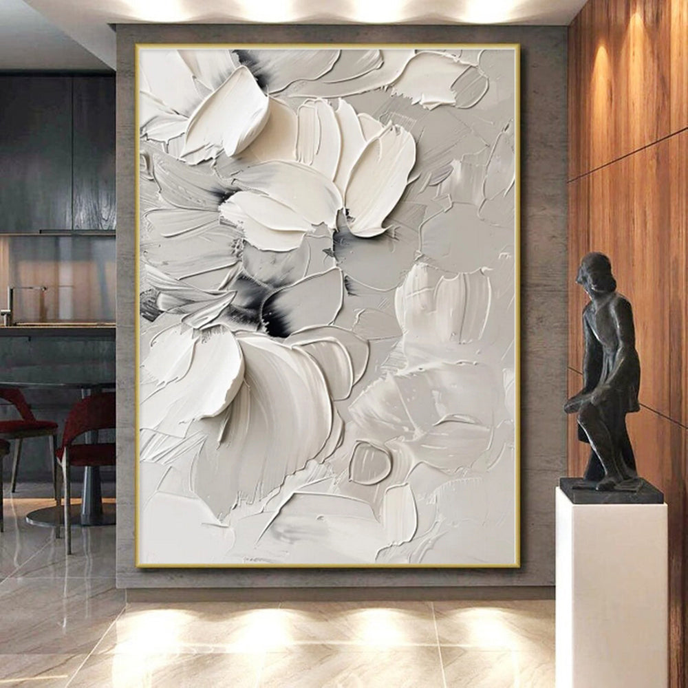 “White - Gray Textured Florals” - White, Gray Abstract Painting On Canvas PS0525