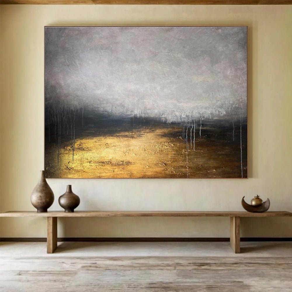 “Gilded Gray Abyss” - Gray, Gold & Black Abstract, Mixed - Media Painting On Canvas DKS782
