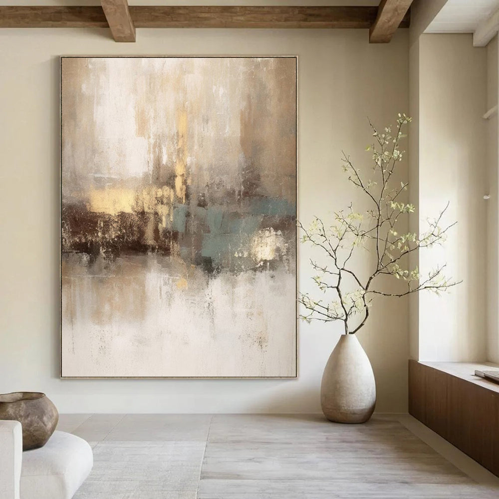 Beige, Gold, Teal, and White, "Ethereal Sands" – Abstract Painting On Canvas PS1019