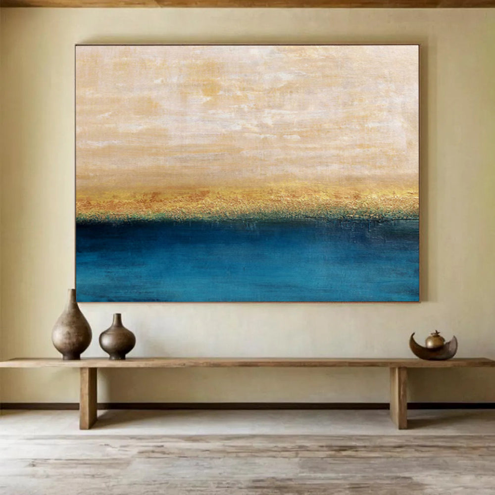 Beige, Gold & Blue Horizon Abstract Painting On Canvas DKS017