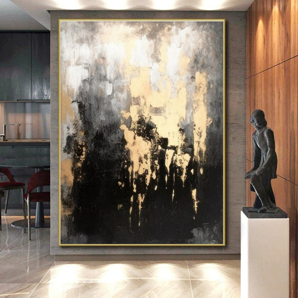 “Gilded Grayscale Drip” - Black, Gray, Gold Abstract Textured Painting On Canvas PS0622